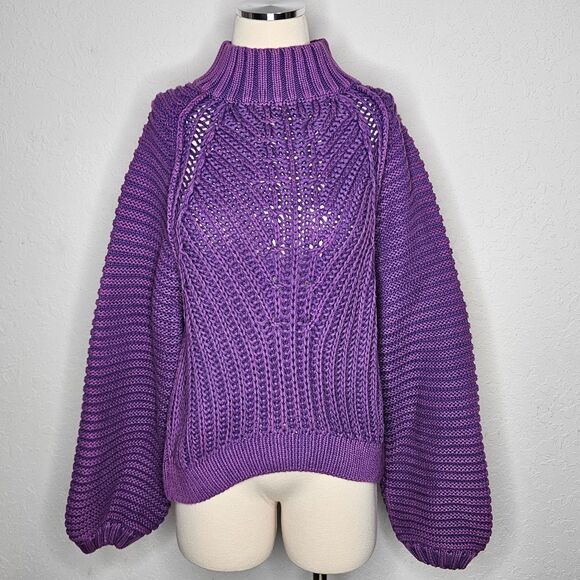 Free People Glowing Orchid Purple Sweater Cotton Balloon Sleeve Chunky Knit M - Picture 1 of 7
